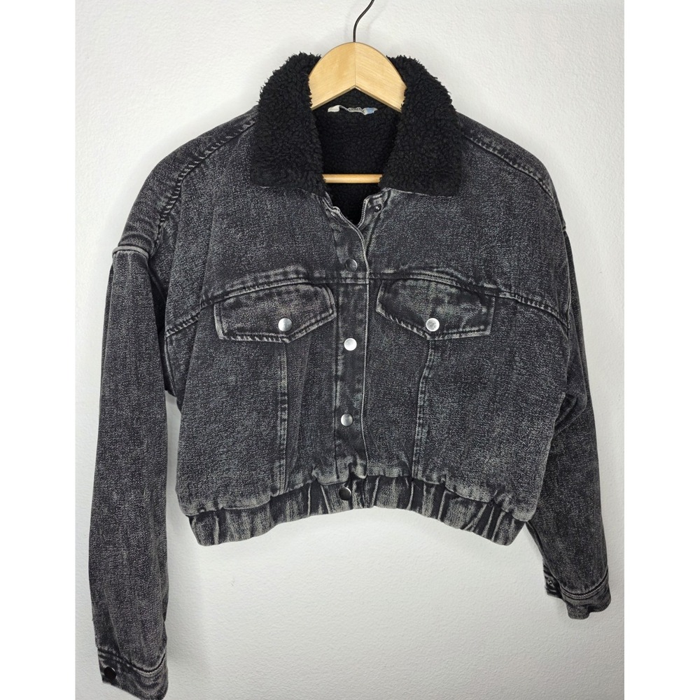Y2K Grunge Black Acid Wash Denim Cropped Jacket Sherpa Lined Size L Highway Jean
